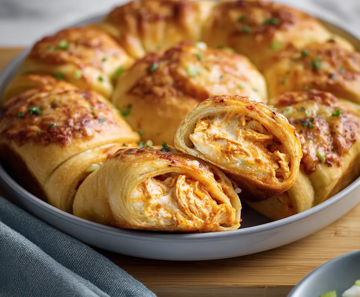 Delicious Buffalo Chicken Crescent Roll Bake served hot with melted cheese and spicy buffalo sauce.
