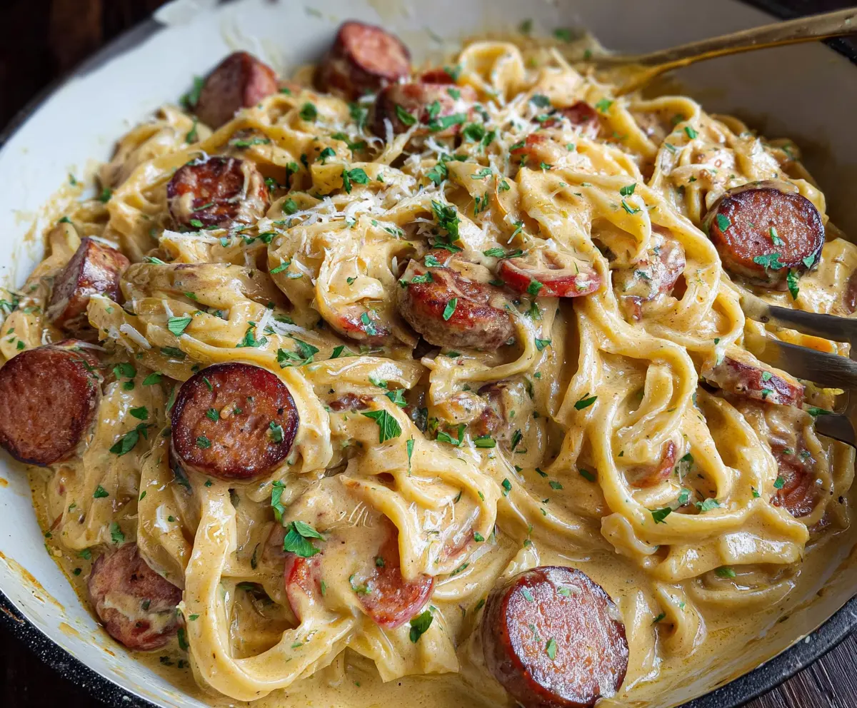 Delicious Cajun smoked sausage Alfredo pasta served on a white plate, garnished with parsley.