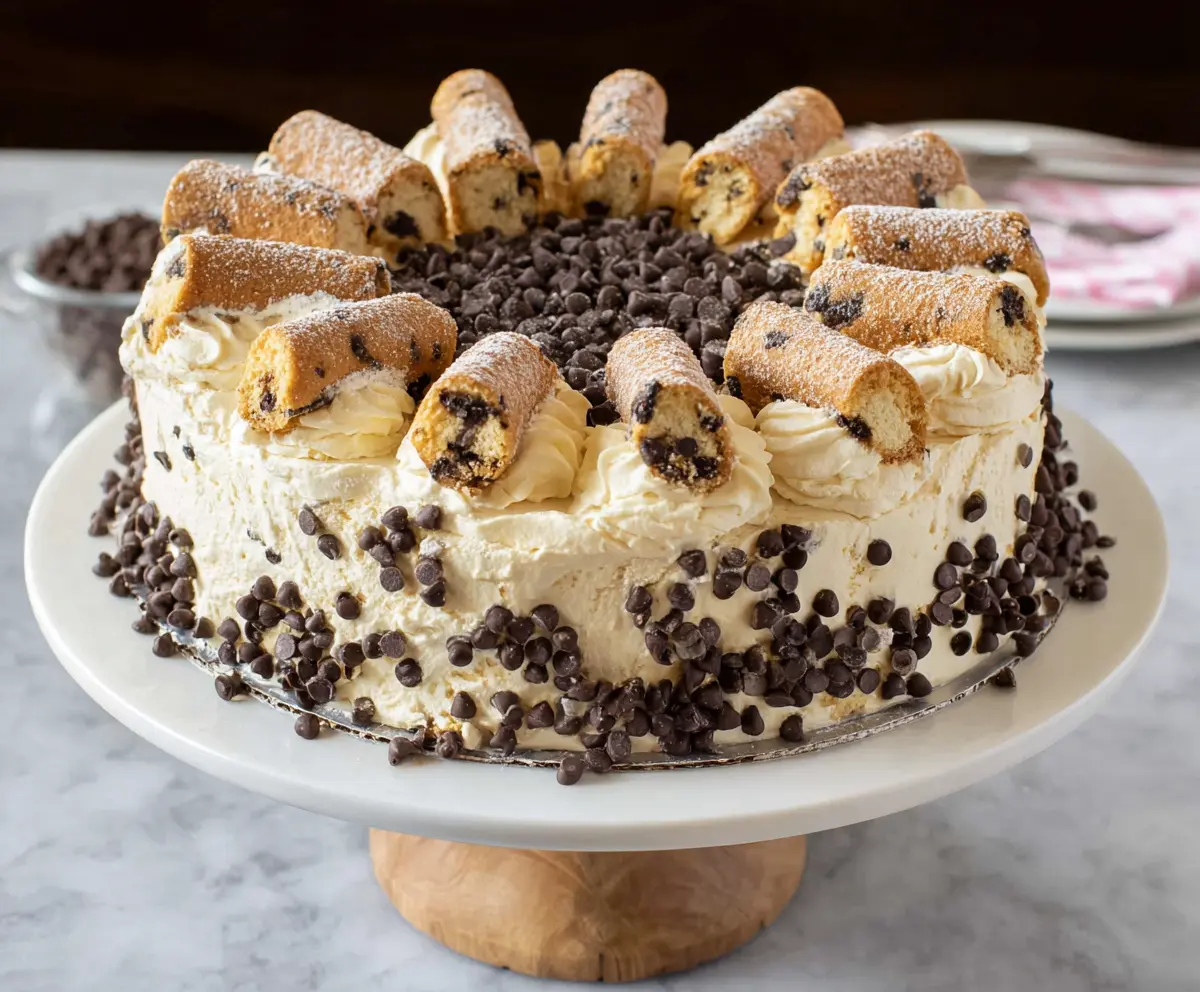 Delicious cannoli cake with crispy shell, creamy filling, and chocolate chips perfect for celebrations