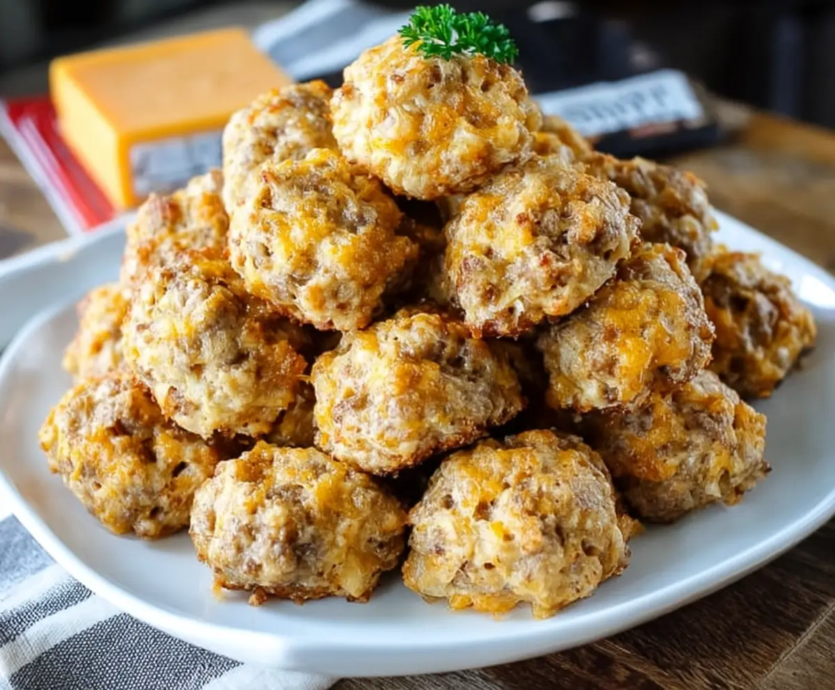 Delicious Cheddar Bay Sausage Balls on a platter, golden and crispy, perfect for appetizers.