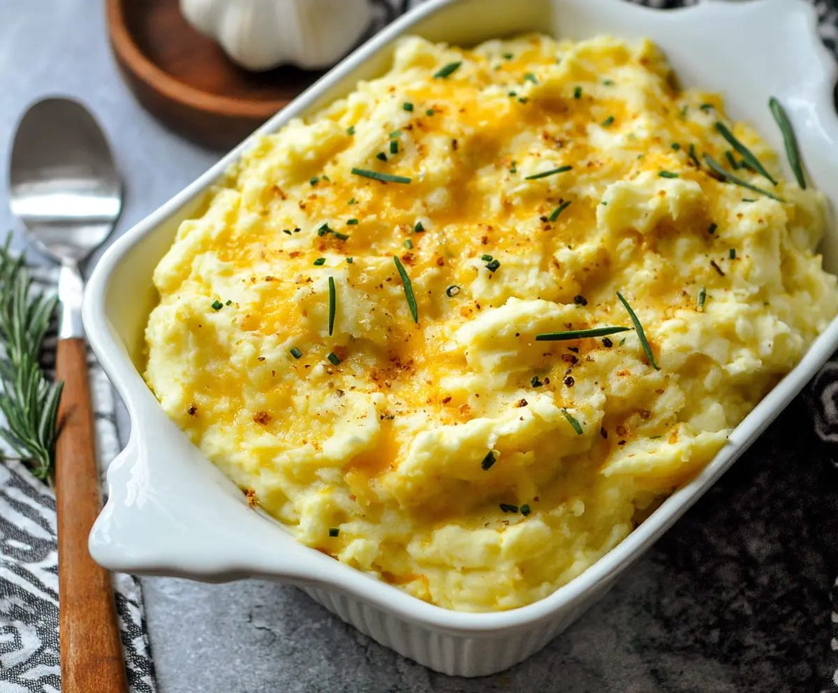 Creamy cheesy garlic mashed potatoes in a rustic bowl, perfect comfort food for dinner.