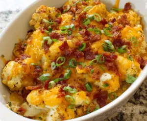 Delicious cheesy loaded cauliflower casserole garnished with herbs in a baking dish