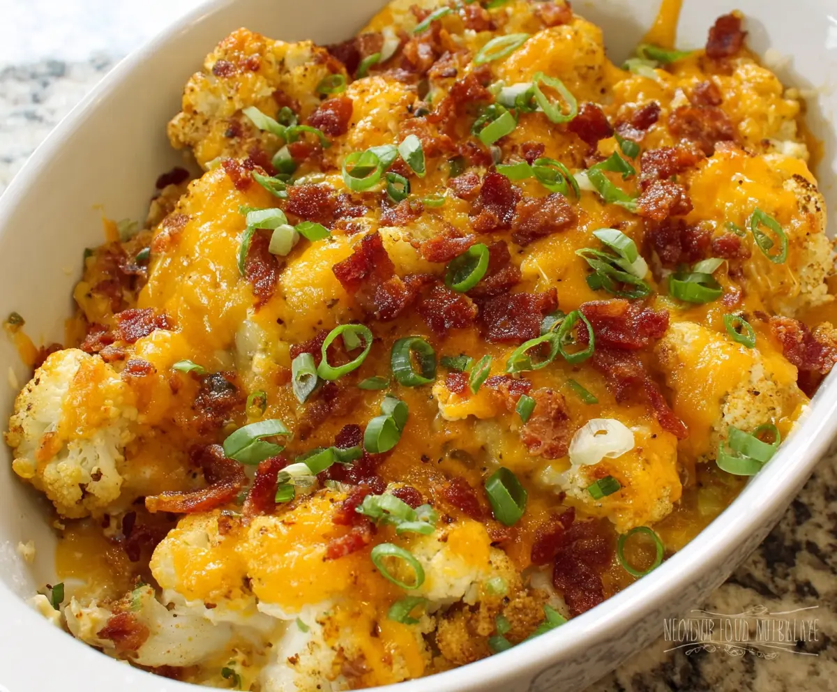 Delicious cheesy loaded cauliflower casserole garnished with herbs in a baking dish