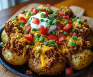 Delicious cheesy taco potatoes served on a plate with melted cheese and fresh toppings.