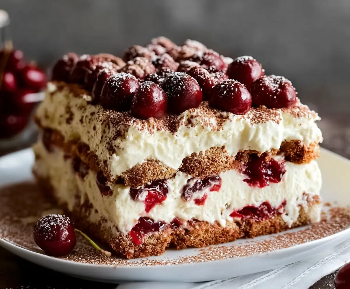 Delicious Cherry Amaretto Tiramisu dessert with layers of mascarpone, soaked cherries, and espresso coffee in a glass bowl.