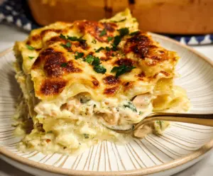 Delicious Chicken Alfredo Lasagna layered with creamy Alfredo sauce and tender chicken.