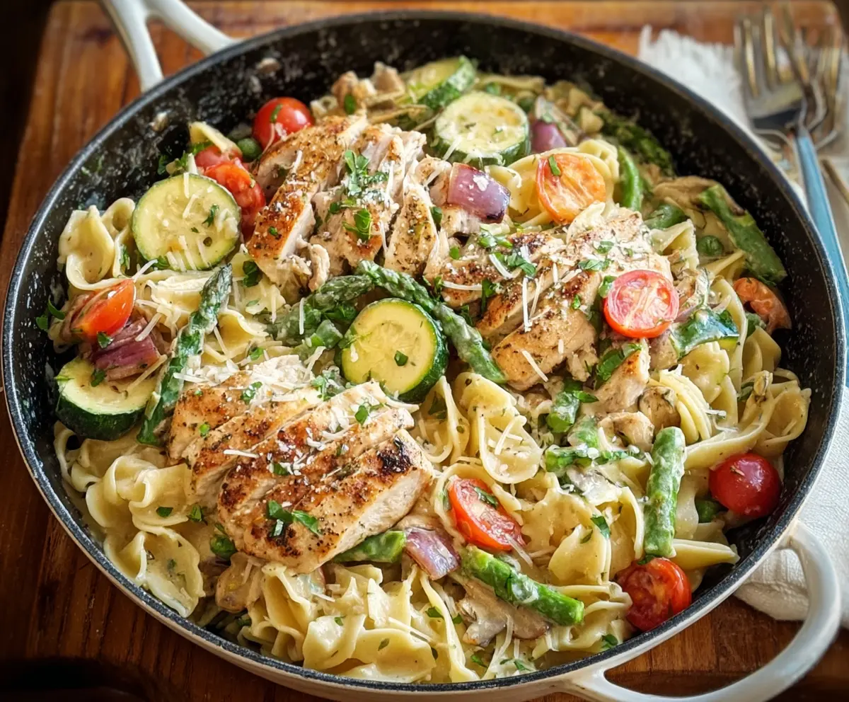 Delicious Chicken Primavera with colorful vegetables and pasta on a white plate.