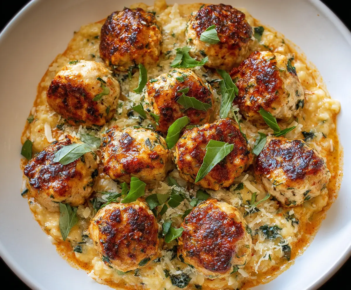 Delicious homemade chicken ricotta meatballs served with tomato sauce and fresh herbs.