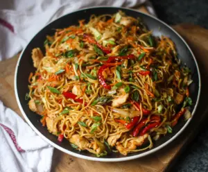 Delicious Chicken Yakisoba noodles with vegetables and savory sauce