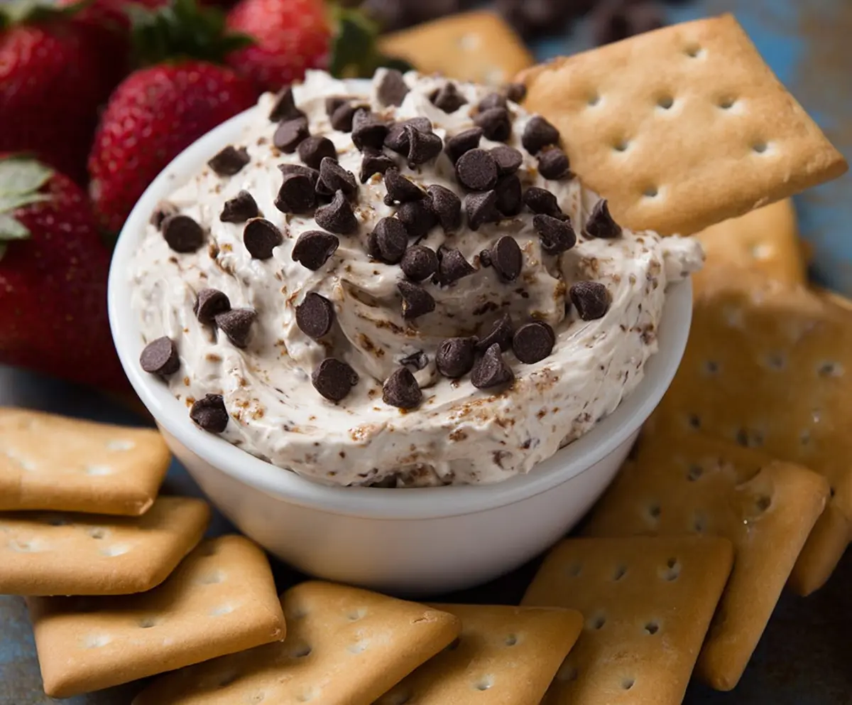 Creamy chocolate chip dessert dip served in a bowl, perfect for dipping cookies and fruit.