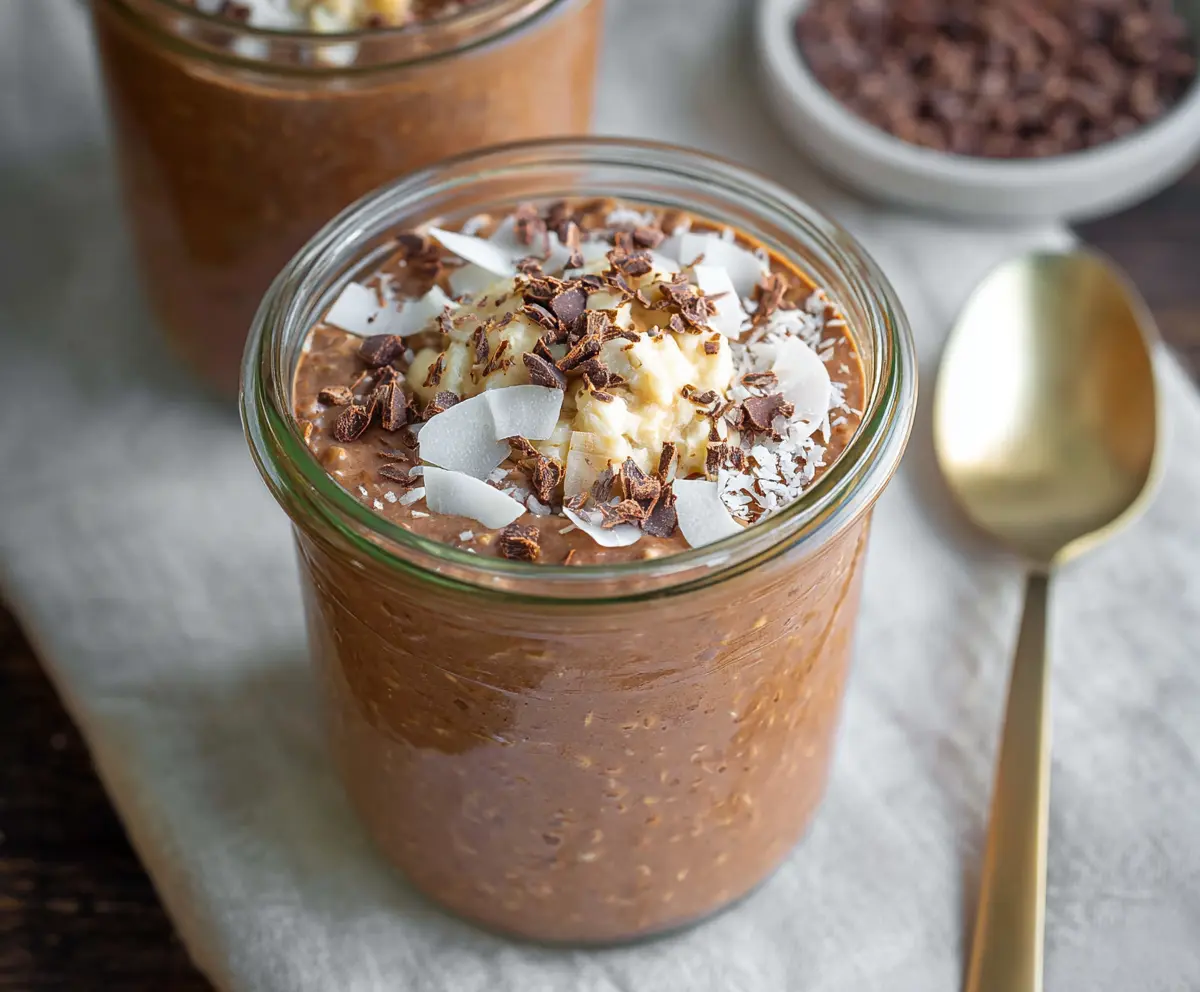 Healthy Chocolate Coconut Overnight Oats in a glass jar with shredded coconut and cocoa powder on top.
