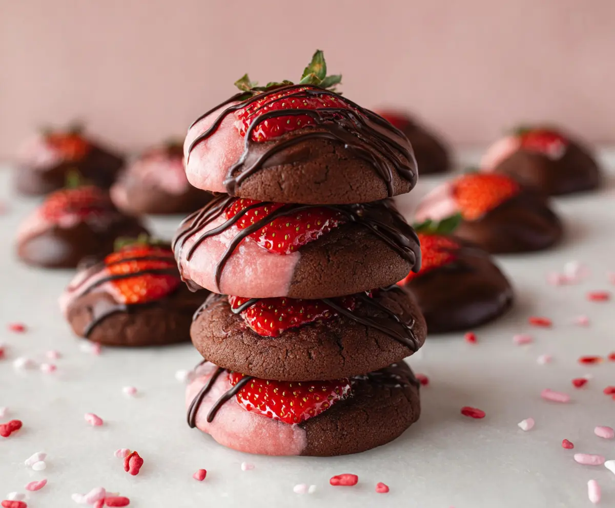 Delicious chocolate covered strawberry cookies on a white plate, perfect for dessert or snack.