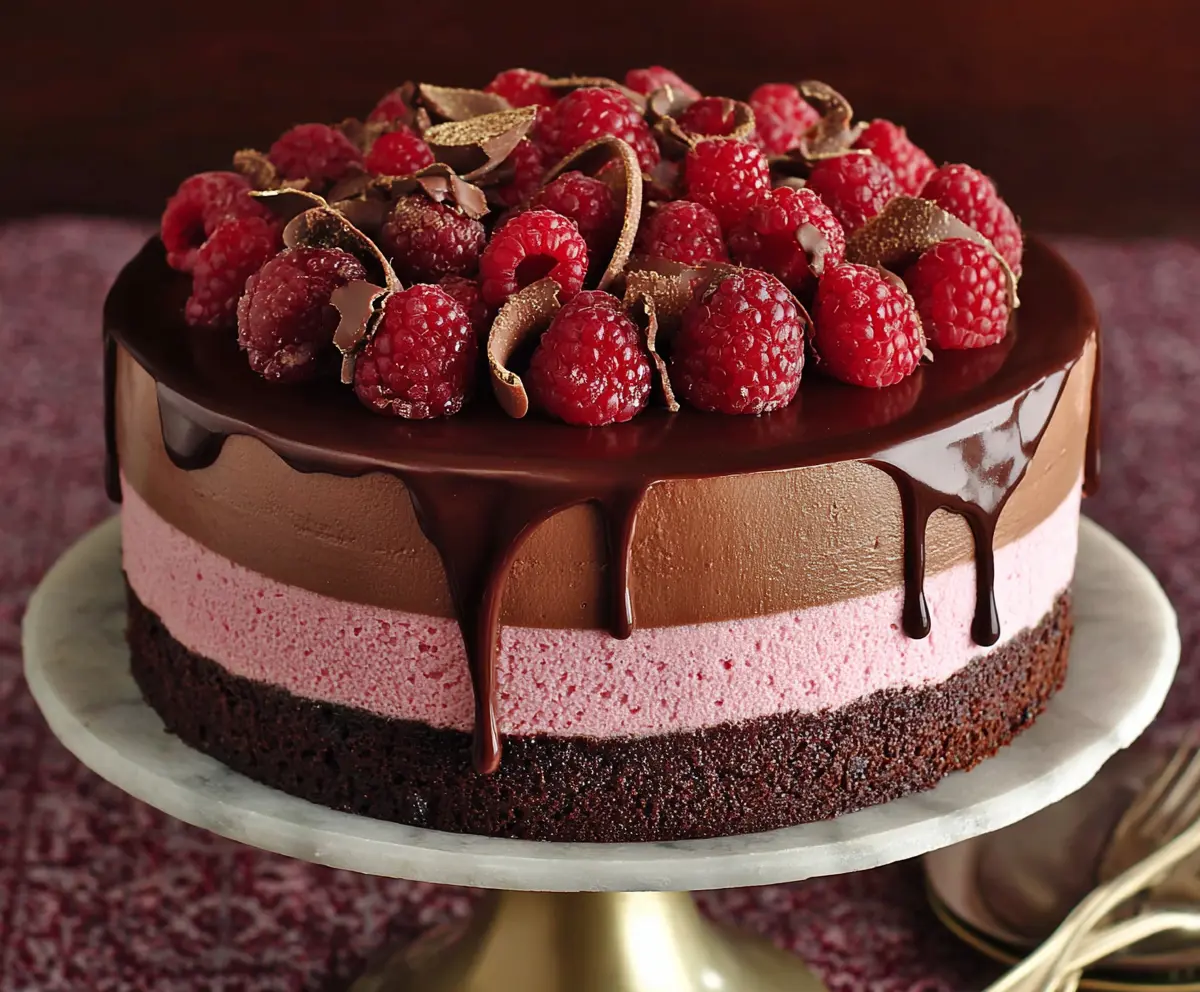 Delicious Chocolate Raspberry Mousse Cake with rich chocolate layers and fresh raspberries on top.
