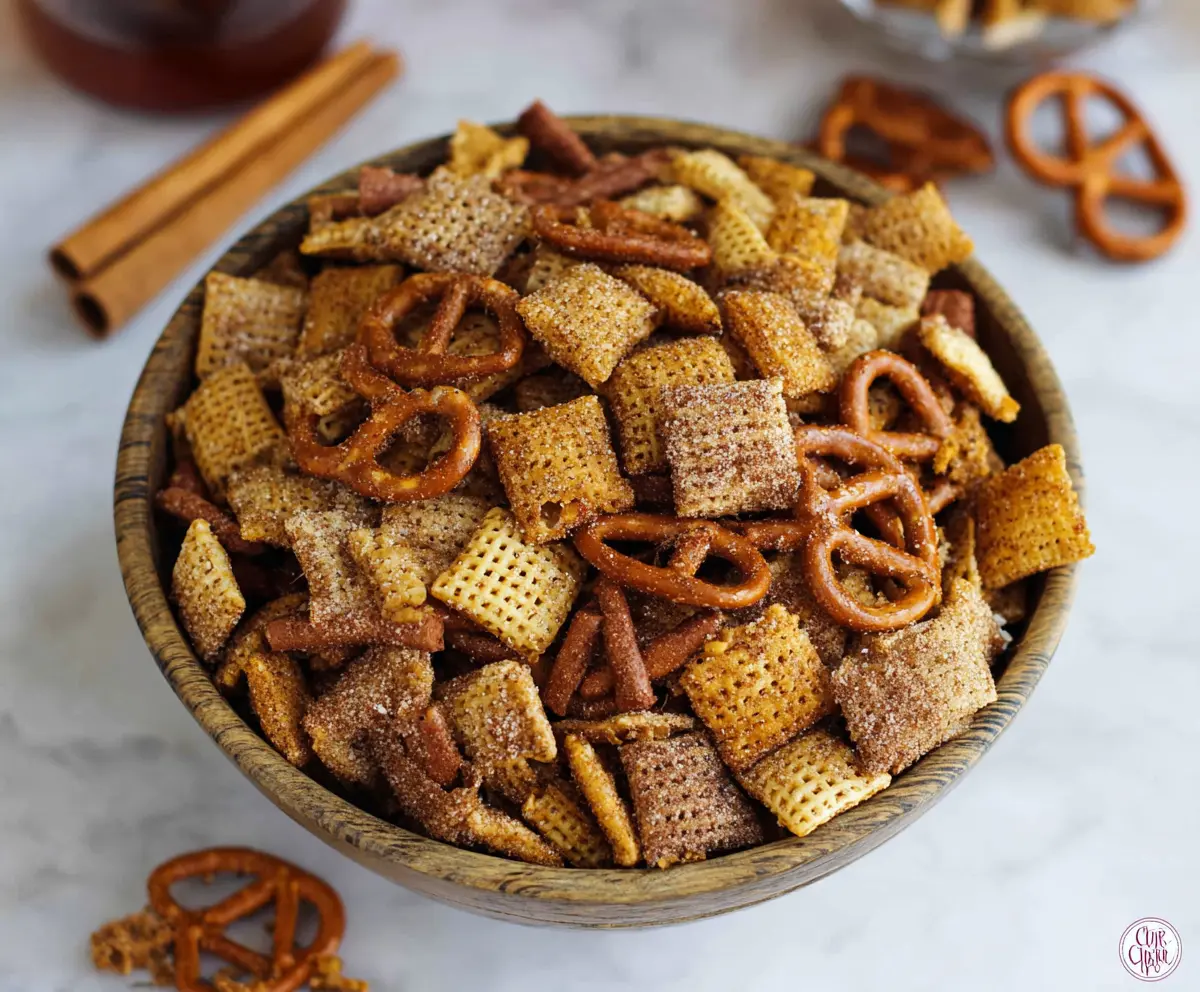 Delicious Cinnamon Sugar Chex Mix in a bowl with a sprinkle of cinnamon for a sweet snack.