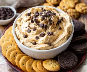 Creamy cookie dough dip served with graham crackers and fruit for a sweet treat.
