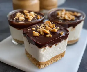 Delicious Cottage Cheese and Peanut Butter Snickers dessert with creamy textures and peanut toppings.