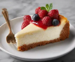 Creamy cottage cheese cheesecake topped with fresh fruit on a white plate
