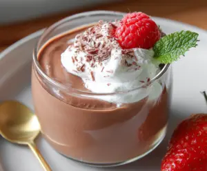 Creamy cottage cheese chocolate mousse dessert with rich chocolate topping