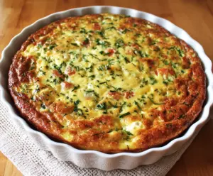 Delicious Cottage Cheese Crustless Quiche with fresh herbs and vegetables on a white plate.