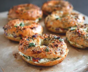 Healthy cottage cheese veggie bagels topped with fresh vegetables and herbs for a nutritious snack.