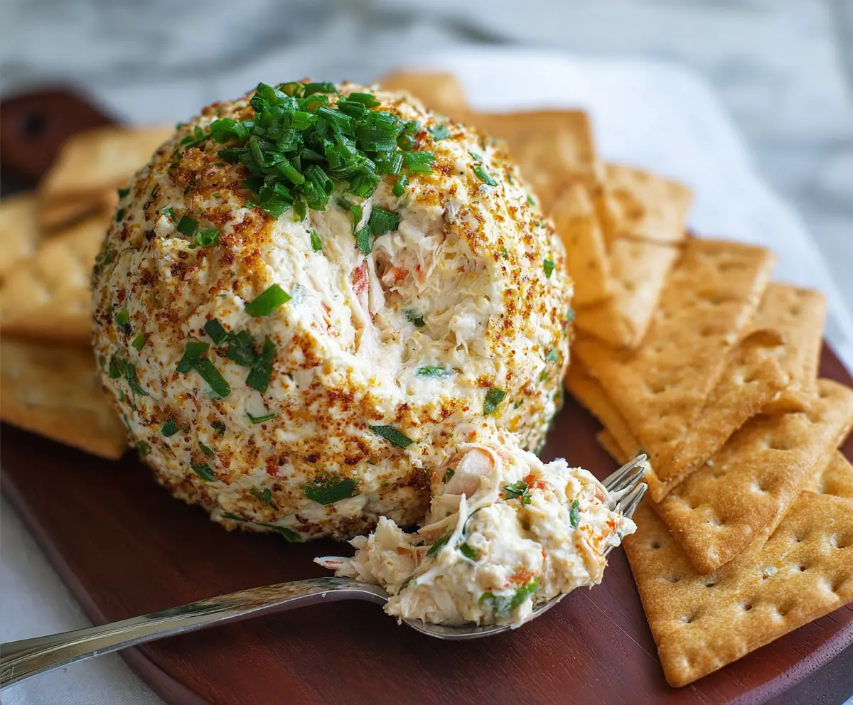 Delicious crab dip cheese ball with creamy cheese and crab meat, perfect for appetizer gatherings.