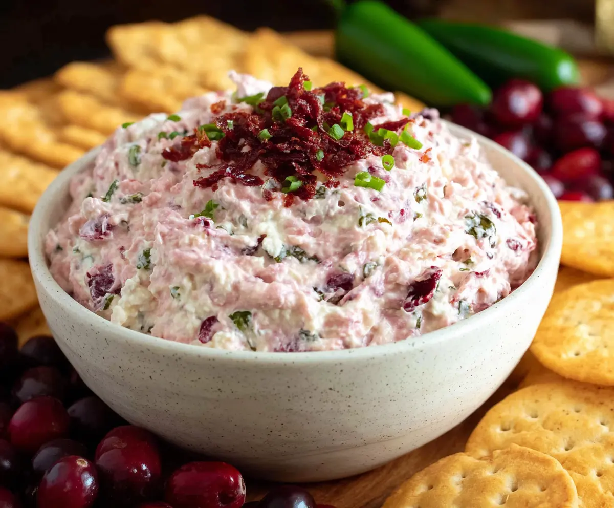 Creamy cranberry jalapeno dip served with fresh vegetables and chips for a sweet and spicy appetizer.