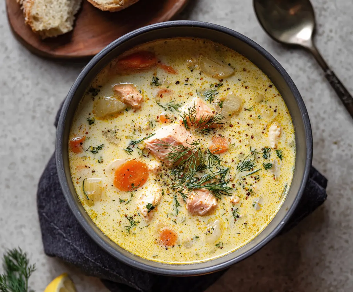 Creamy dill salmon soup served in a bowl with fresh dill garnish.
