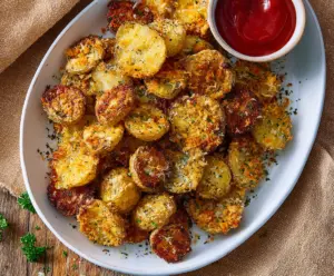Golden crispy garlic Parmesan crusted potatoes on a serving platter, perfect for a flavorful side dish.