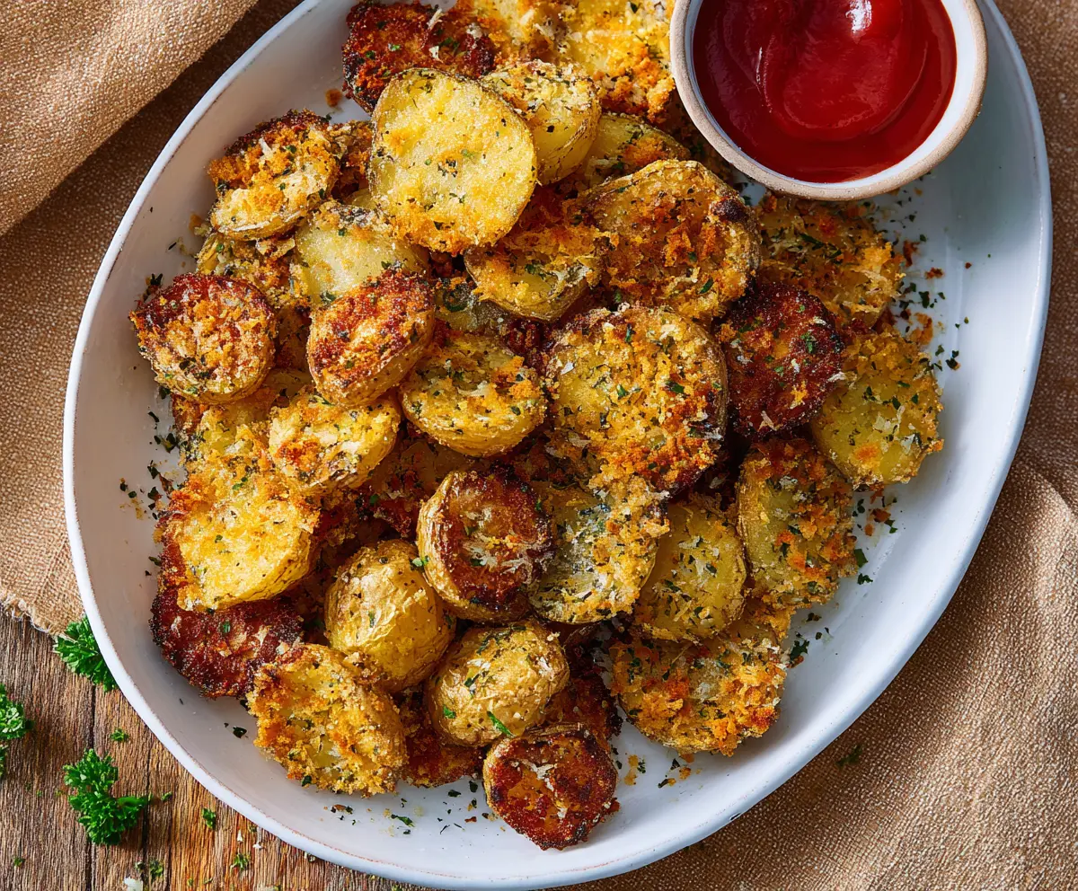 Golden crispy garlic Parmesan crusted potatoes on a serving platter, perfect for a flavorful side dish.