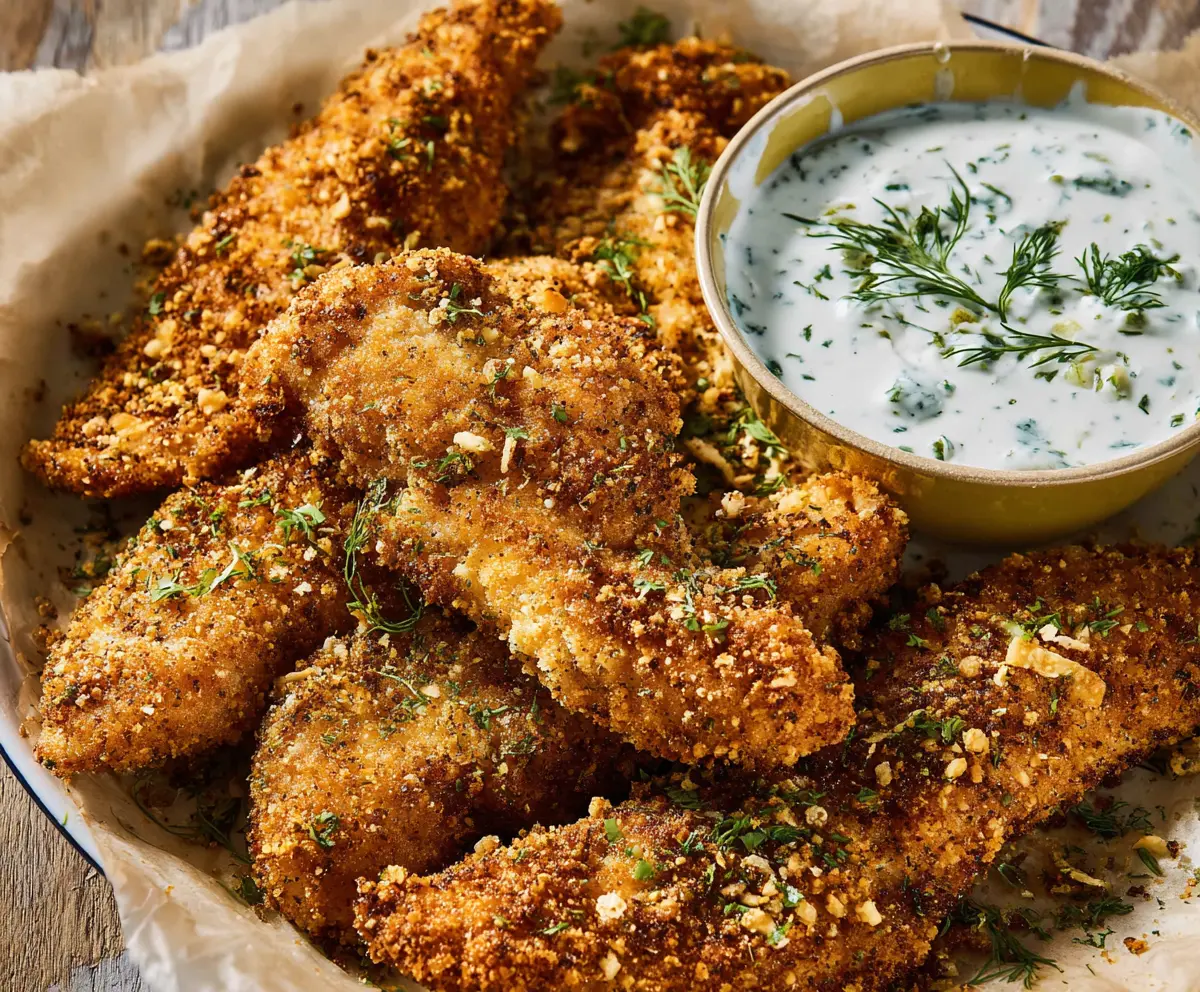 Crispy dill pickle ranch chicken tenders served with fresh vegetables on a plate.