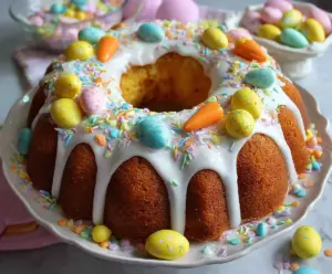 Delicious Easter Bundt Cake decorated with colorful pastel icing for spring celebration