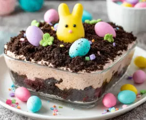 Delicious Easter Dirt Cake with colorful candy toppings and chocolate cookie crumble.