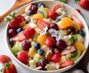 Colorful Easter Fruit Salad with Fresh Seasonal Fruits and Holiday Decorations