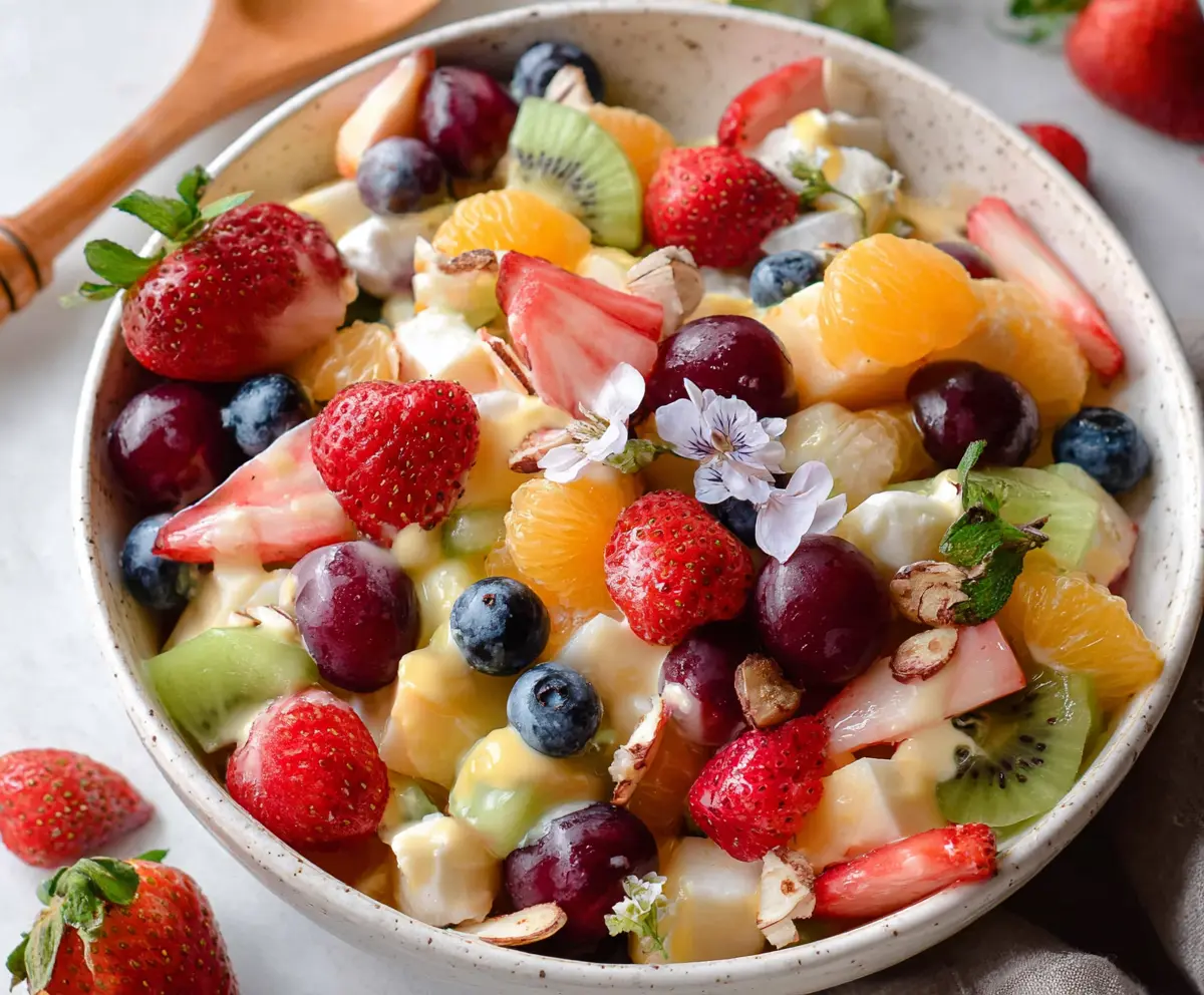 Colorful Easter Fruit Salad with Fresh Seasonal Fruits and Holiday Decorations
