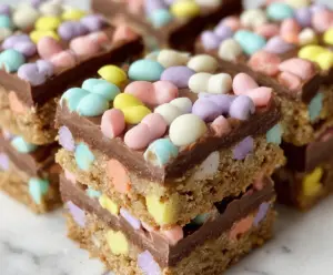 Delicious homemade Easter Goody Bars with colorful toppings and festive decorations