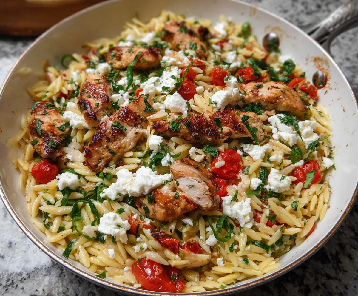 Delicious feta and chicken orzo dish served on a plate, showing creamy feta cheese and tender chicken pieces.
