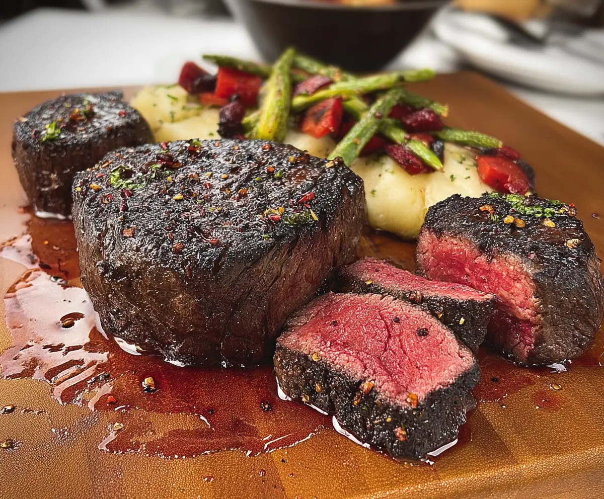 Juicy filet mignon steak cooked to perfection on a plate, garnished with herbs.