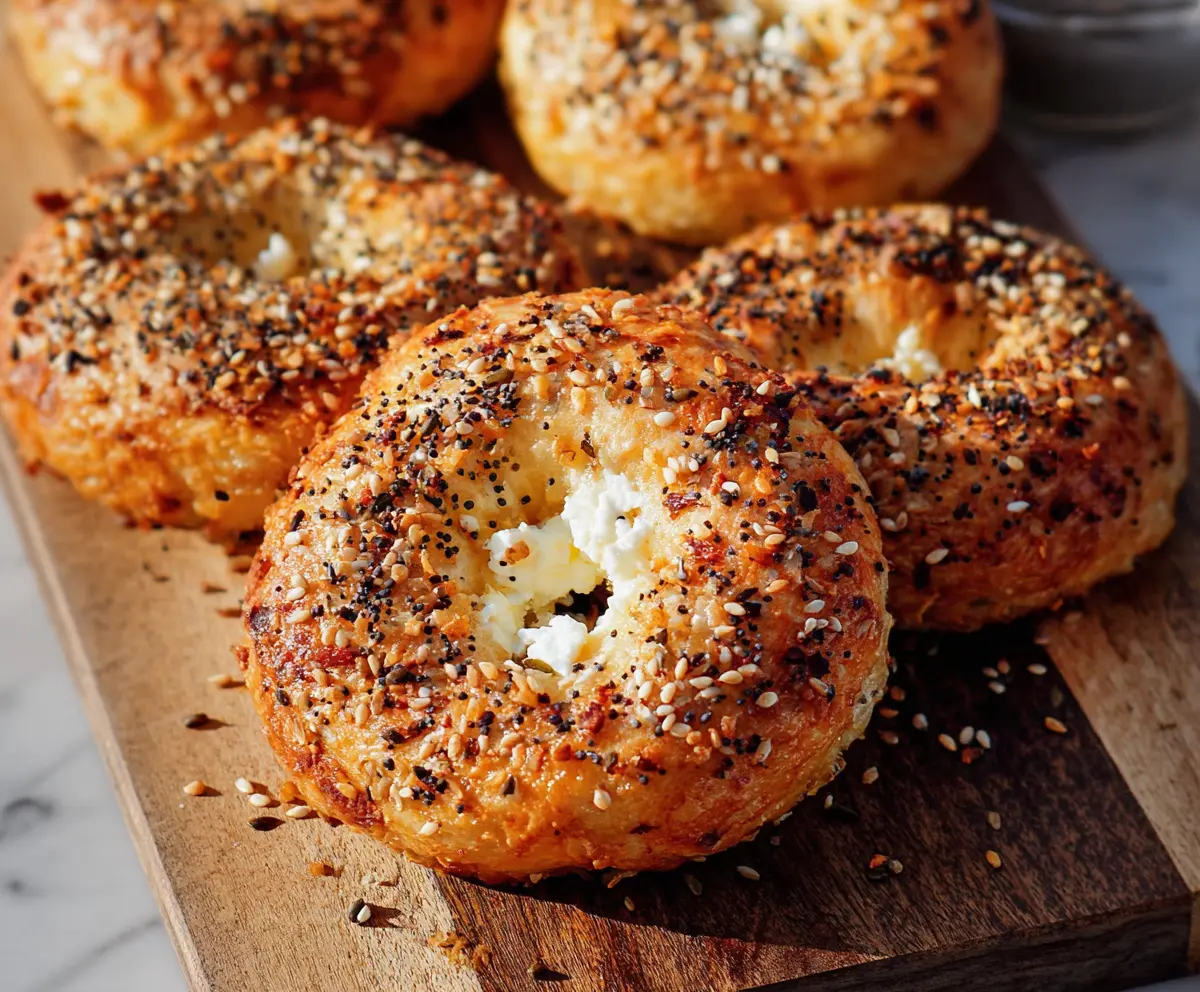 Delicious fluffy cottage cheese almond flour bagel on a wooden board, perfect for a healthy breakfast or snack.