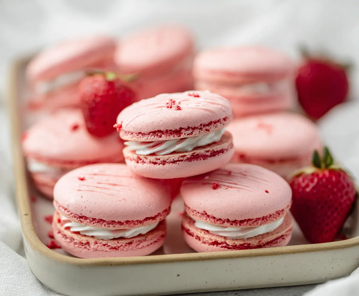 Beautiful French strawberry macarons with pink shells and creamy filling on a white plate.