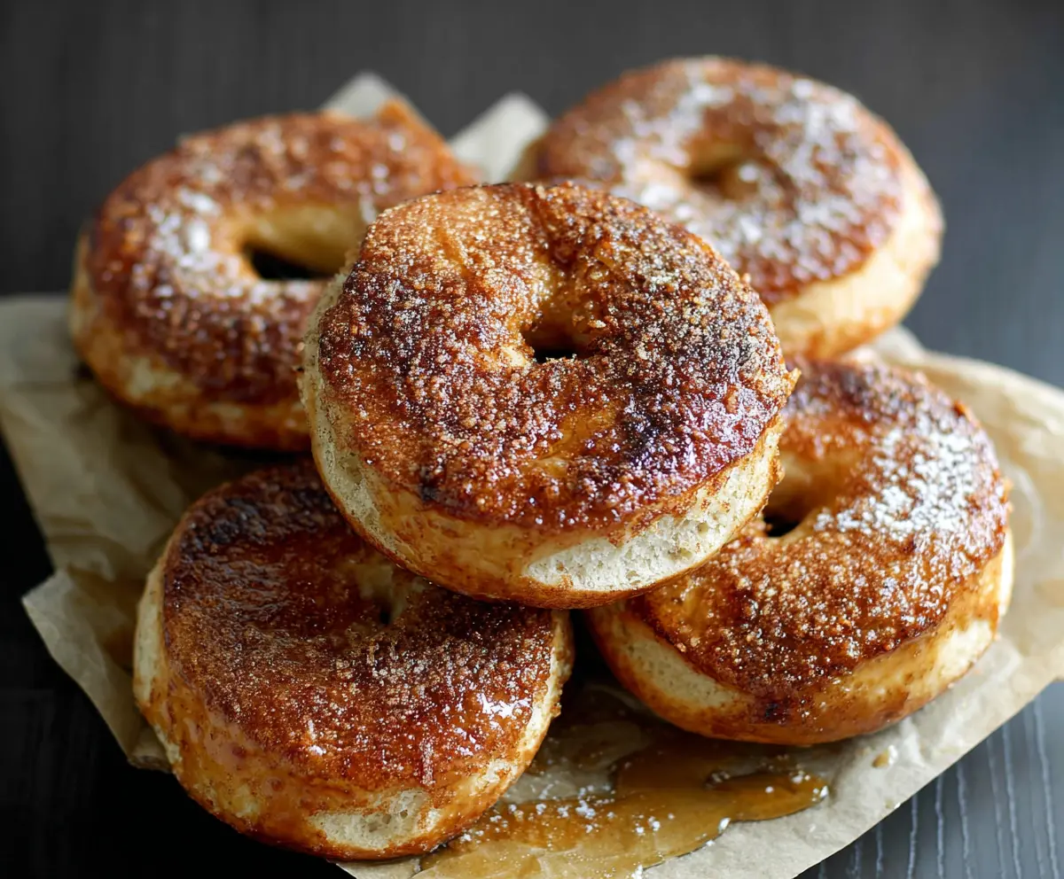 Delicious French Toast Bagels topped with syrup and powdered sugar on a plate.