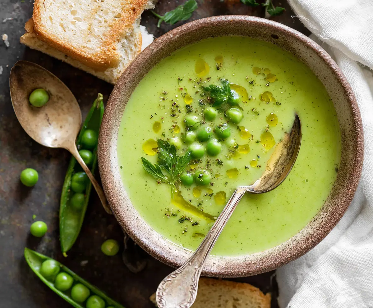 Creamy fresh green pea soup in a bowl with fresh herbs and garnishes.