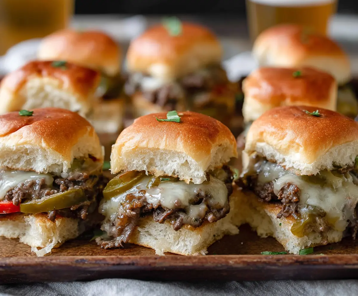 Delicious Game Day Philly Cheesesteak Sliders with melted cheese and juicy steak on soft slider buns