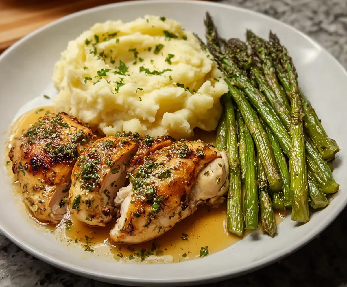 Delicious garlic herb chicken served with creamy mashed potatoes and roasted asparagus on a dinner plate.