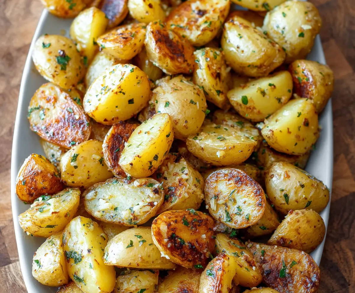 Roasted Garlic Ranch Potatoes garnished with fresh herbs on a rustic plate.