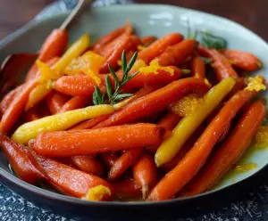 Colorful glazed carrots with orange slices and fresh ginger on a serving plate