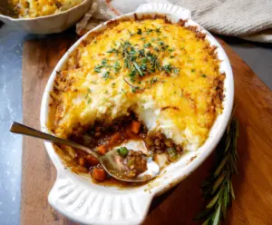Delicious gluten-free shepherd's pie topped with mashed potatoes and fresh herbs.