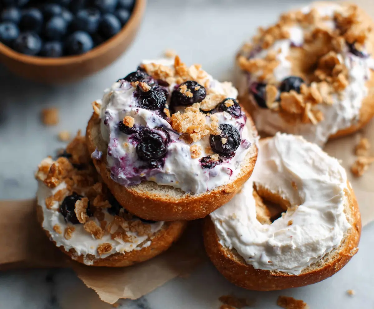 Delicious Greek Yogurt Blueberry Crunch Bagels topped with fresh blueberries and crunchy toppings.