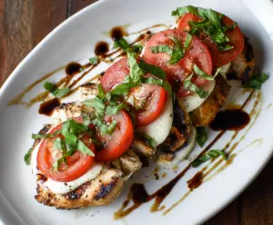 Delicious grilled chicken topped with fresh mozzarella, ripe tomatoes, and basil in a caprese-style presentation.