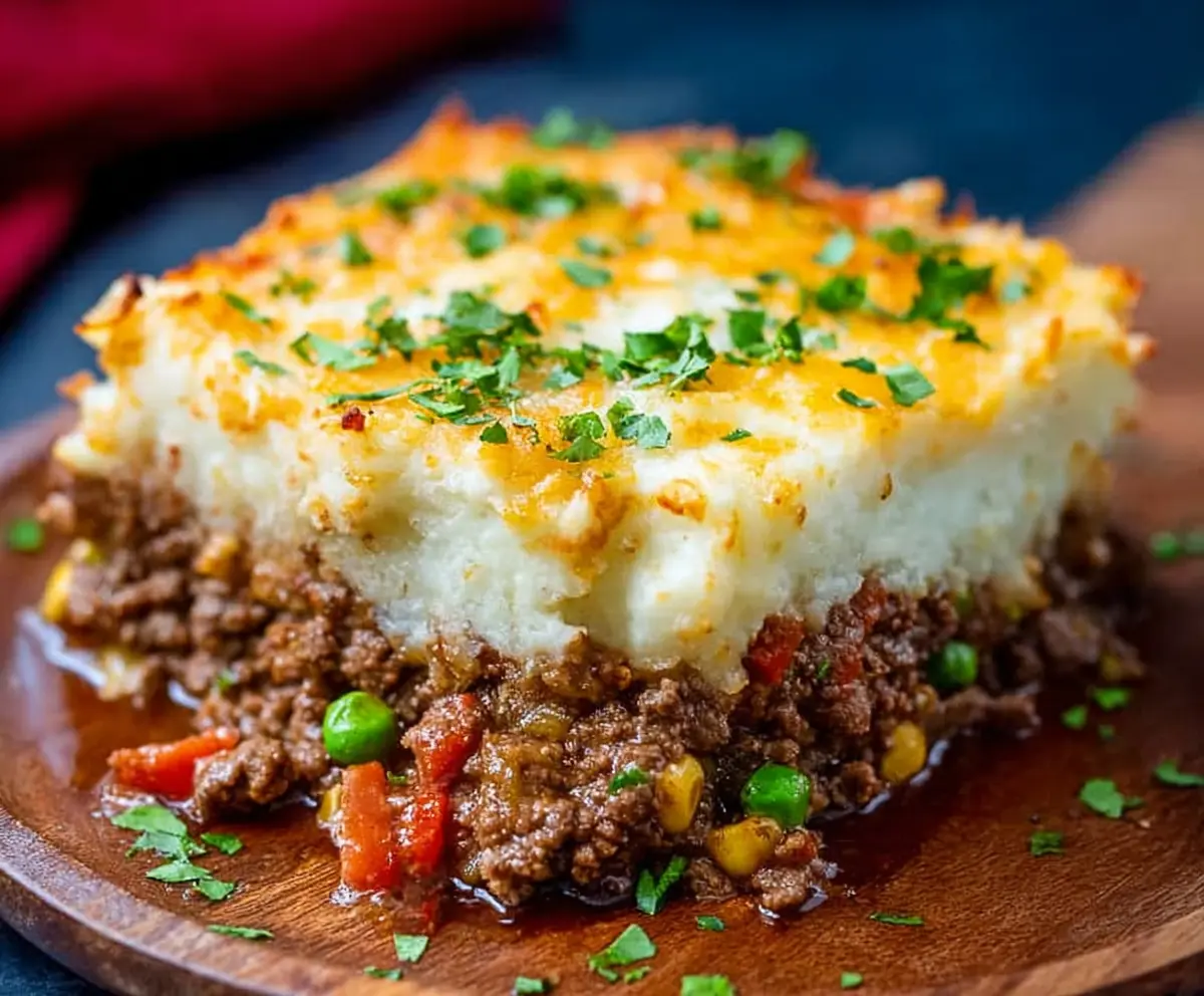 Delicious homemade Ground Beef Shepherd's Pie with a golden mashed potato topping and hearty beef filling.