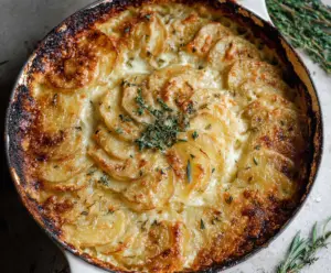 Delicious Gruyere Potato Gratin with melted cheese and crispy topping ready to serve